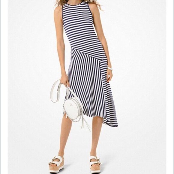 Michael Kors Small Dress Blue White Striped Asymmetrical Stretch Sleeveless NEW - Picture 2 of 8